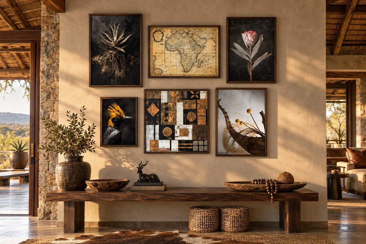 Roots of Life, Africa Vintage Map Canvas Print, Protea Wall Art, Golden Crowned Stare, Zulu Patterns, Sepia Protea Wall Art – wall art by Artworld