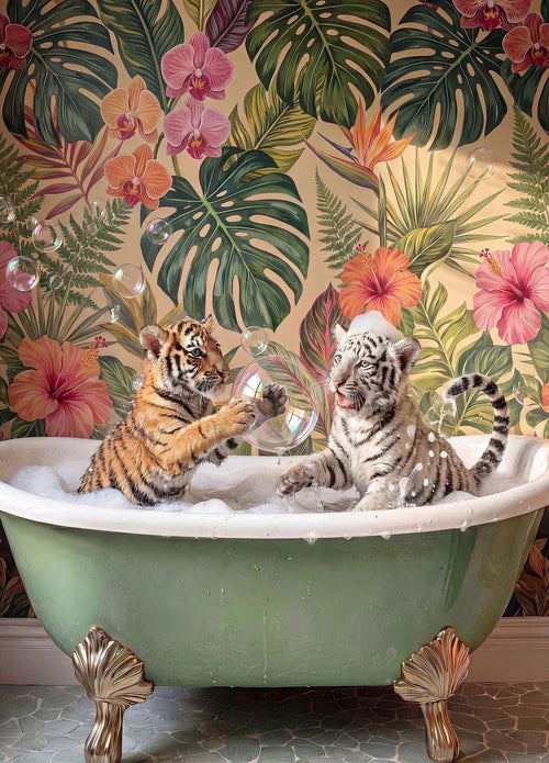 Tiger Cubs Bathing In Botanical Bliss