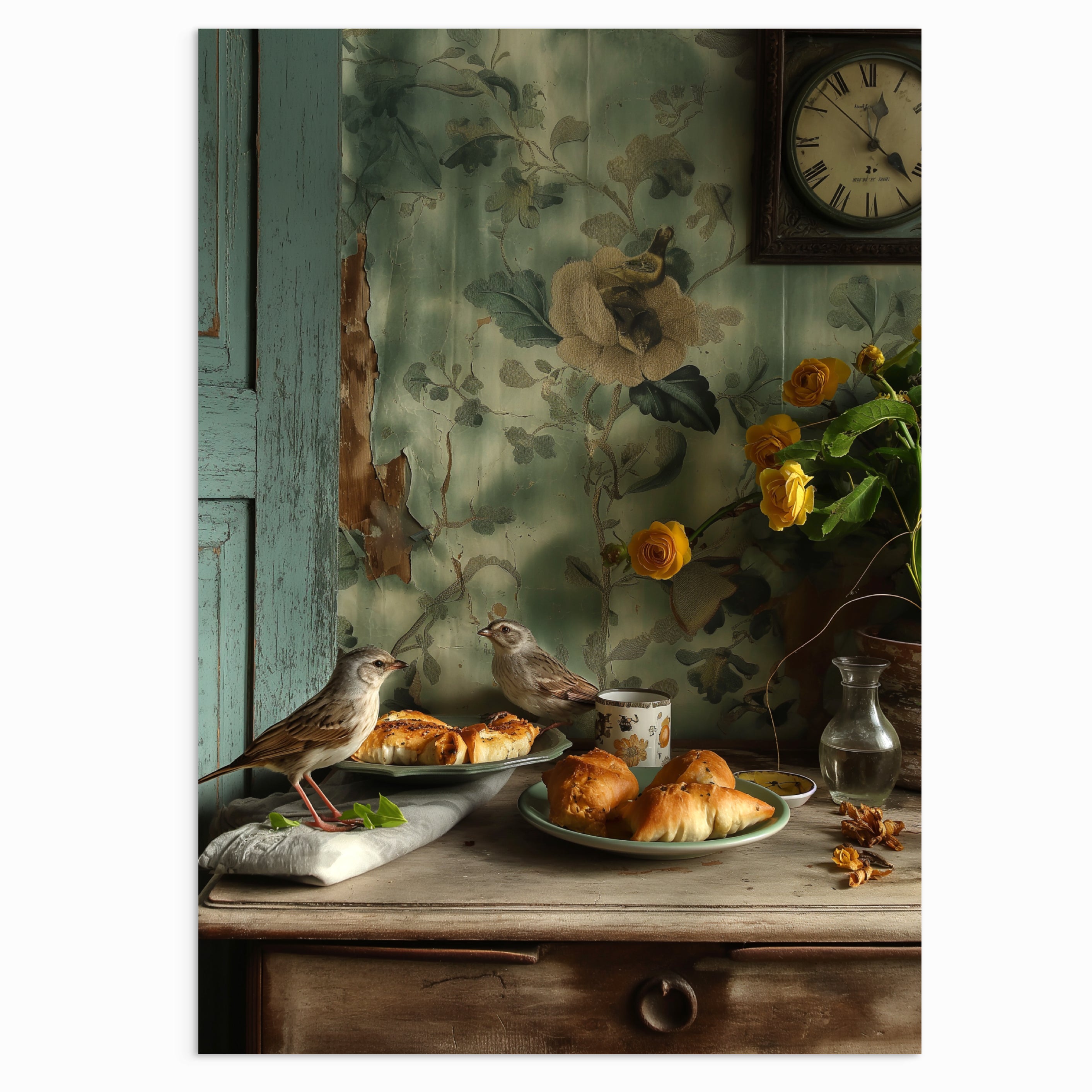 Golden Hour Cravings Rustic Styled Artwork of Birds in Kitchen – Artworld