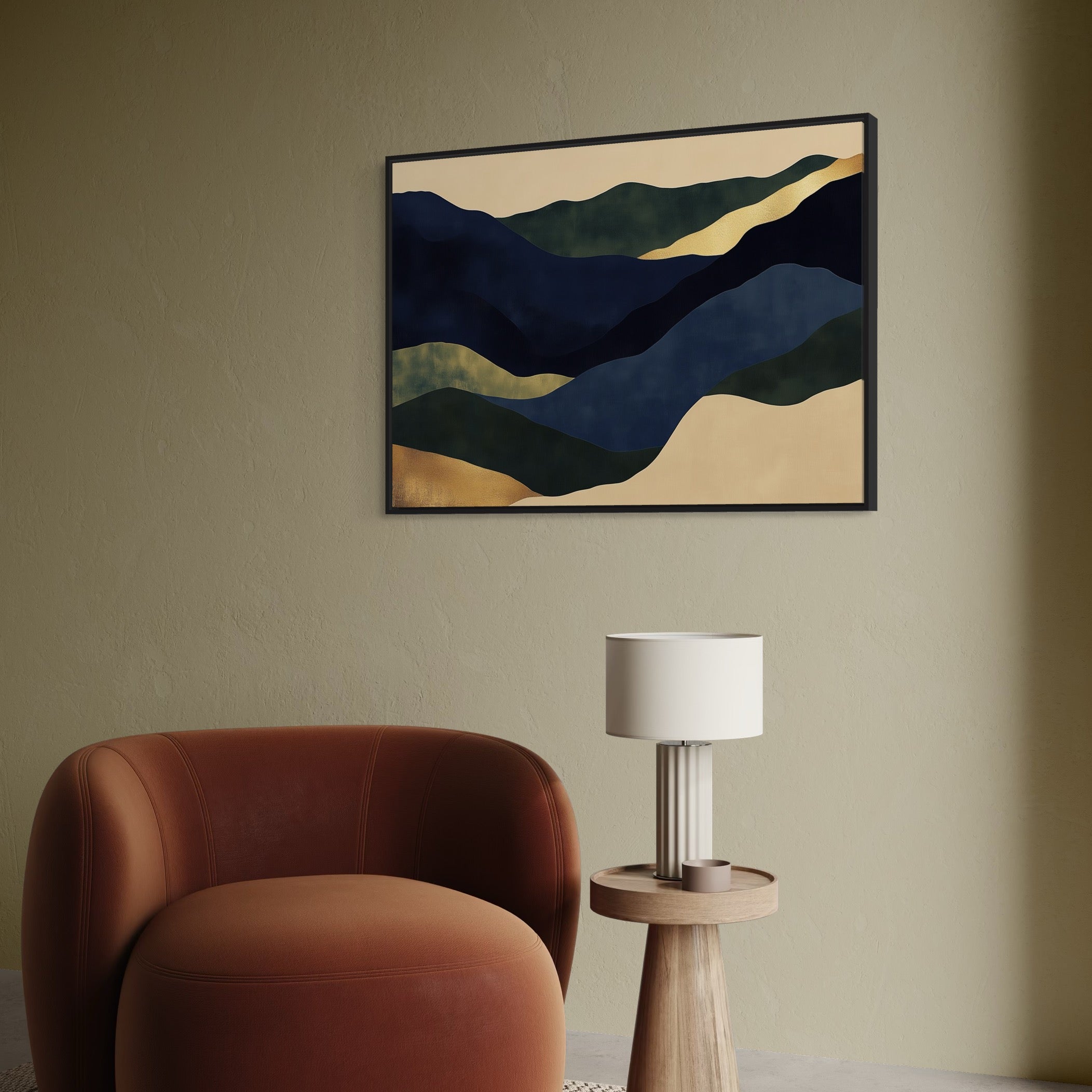Quiet Abstract Waves of Quiet Minimalist Landscape Abstract in Navy, Green & Gold ...
