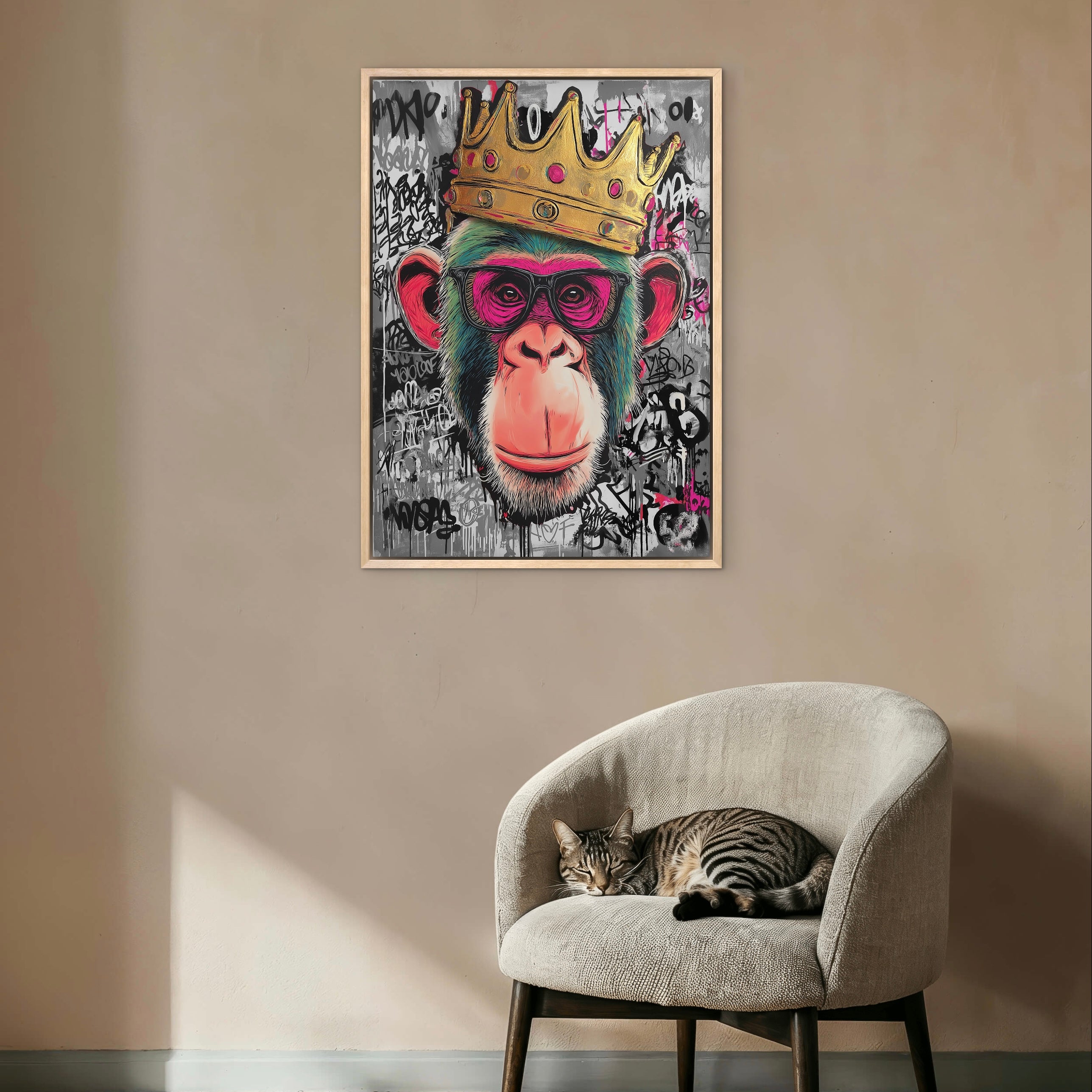 Crowned Cool Crowned Monkey Graffiti Wall Art | Floating Canvas