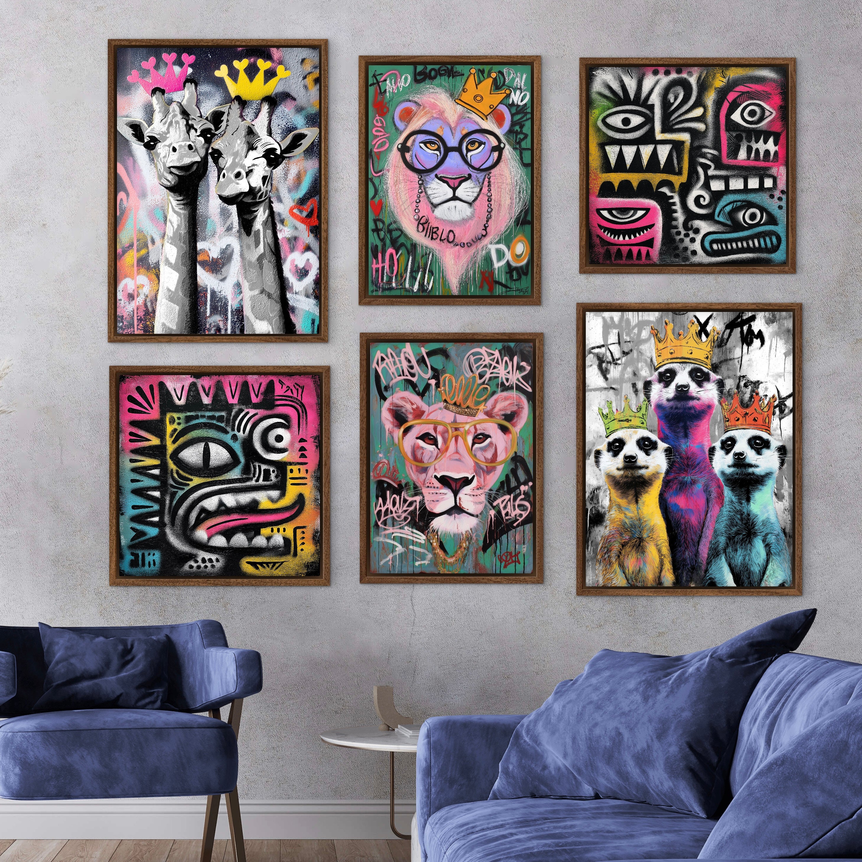 Old Rascal Art Royal Rascals Colourful Meerkat Trio Wall Art | Floating Canvas Frame ...