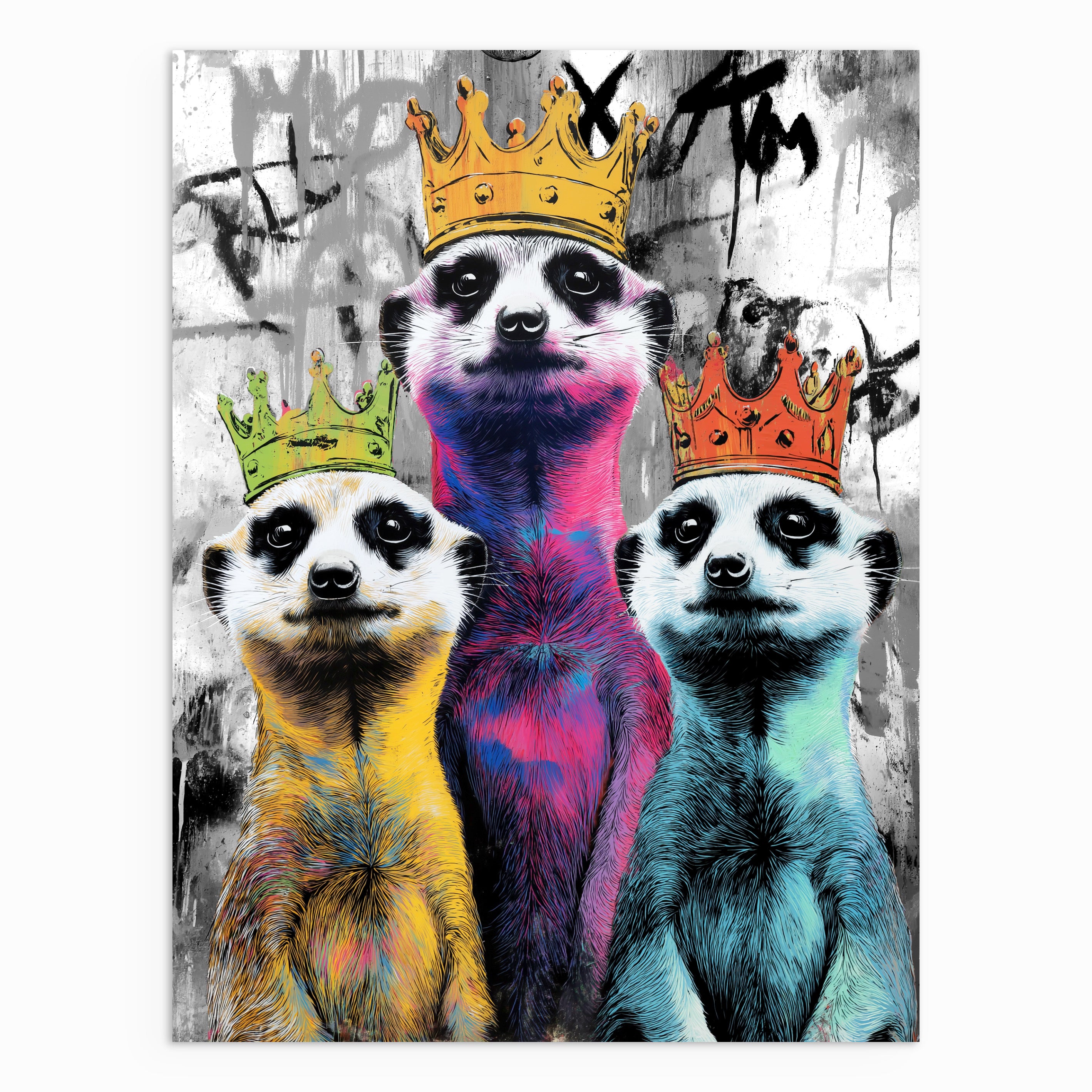Old Rascal Art Royal Rascals Colourful Meerkat Trio Wall Art | Floating Canvas Frame ...