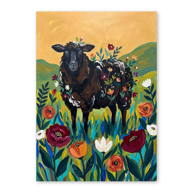 Black sheep decorated with colorful wildflowers standing in a field of flowers with rolling green hills and golden sky
