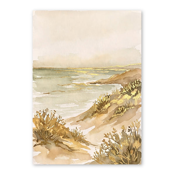 Watercolor painting of a beach landscape with sandy dunes, coastal vegetation, calm water, and soft golden sunlight