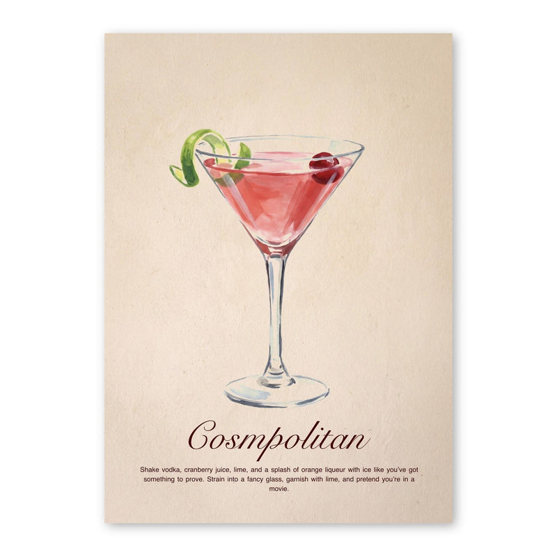 Watercolour illustration of a pink Cosmopolitan cocktail in a martini glass with lime twist and cherry, on cream background