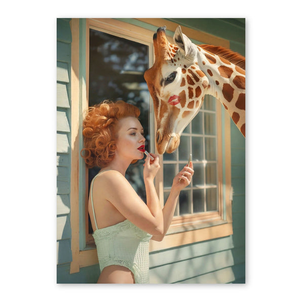 Woman with reddish curly hair in vintage style touching face of giraffe with lipstick marks, soft warm lighting, green house
