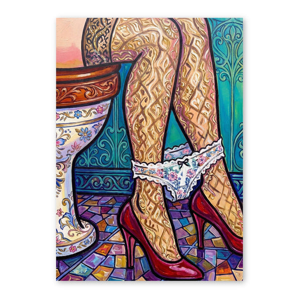 Illustration of a woman wearing gold patterned fabric and red heels standing against decorative blue panels with colorful