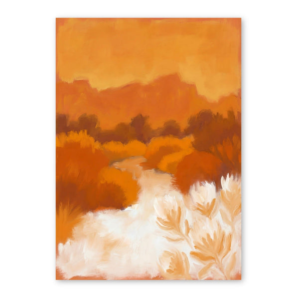 Abstract landscape painting of a wetland at dusk with golden sky, dark trees, winding stream, and pale wildflowers in