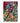 Colourful painting of a red and teal bird wearing a pearl necklace perched among orange fruits and teal leaves on burgundy