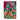 Colourful painting of a red and teal bird wearing a pearl necklace perched among orange fruits and teal leaves on burgundy