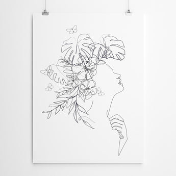 Artworld Wall Art Lady Flowers Line Drawing Art Print 08