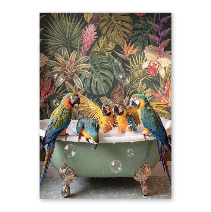 Macaws Bathing In Botanical Paradise