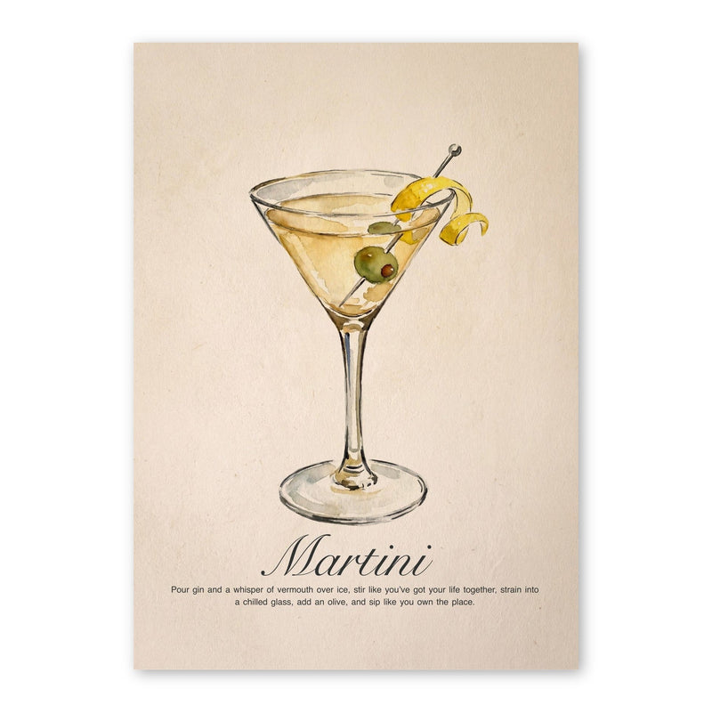 Watercolour illustration of a martini cocktail in a coupe glass with lemon twist and olive, accompanied by recipe text on