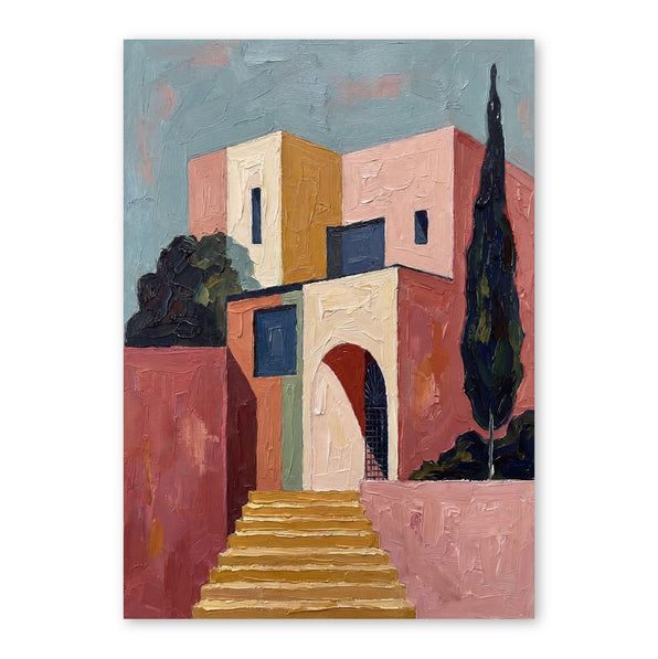 Painting of a terracotta Mediterranean villa with cream and coral walls, arched doorway, golden steps leading up, and dark