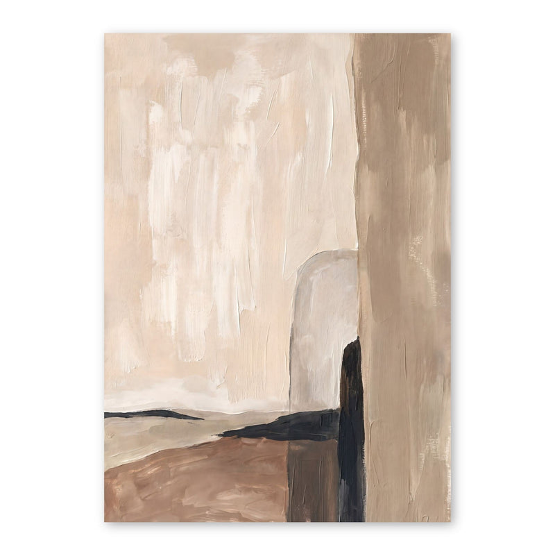 Abstract painting with geometric shapes in cream, taupe, and charcoal tones creating a minimalist architectural composition