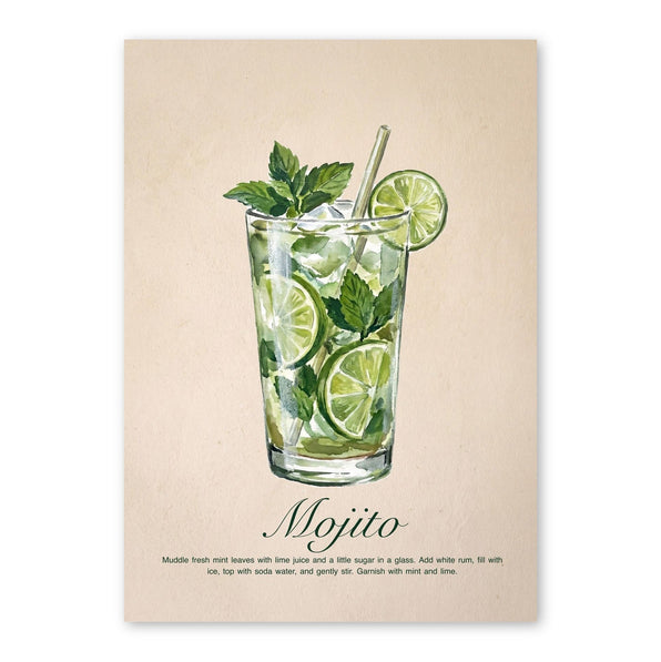 Watercolour illustration of a mojito cocktail with lime slices, mint leaves, and a glass straw on beige background
