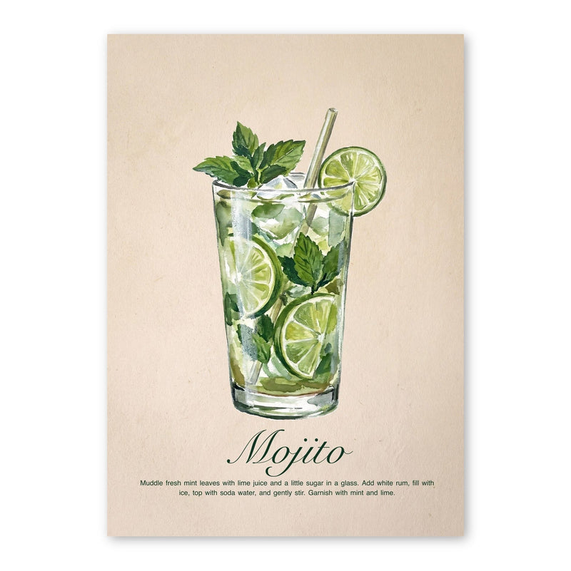 Watercolour illustration of a mojito cocktail with lime slices, mint leaves, and a glass straw on beige background