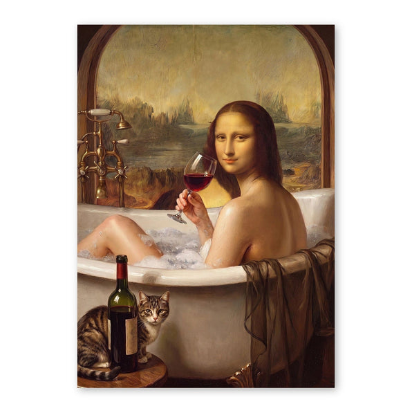 Woman in bathtub holding wine glass with cat nearby, arched window with landscape background, golden warm tones