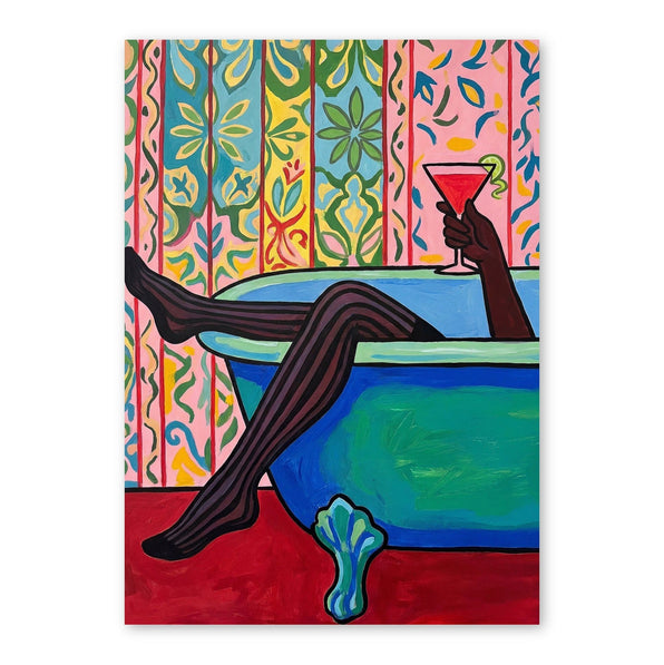 Illustration of a dark-skinned figure reclining by a pool, holding a red cocktail, against ornate patterned background in