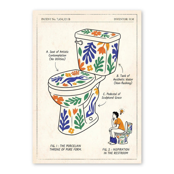 Vintage patent drawing of a decorative toilet with colorful floral ceramic patterns, labeled anatomical parts, and a figure