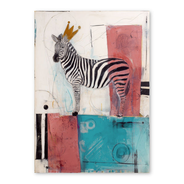 Illustration of a zebra wearing a gold crown, with striped patterns in black and white, set against abstract geometric
