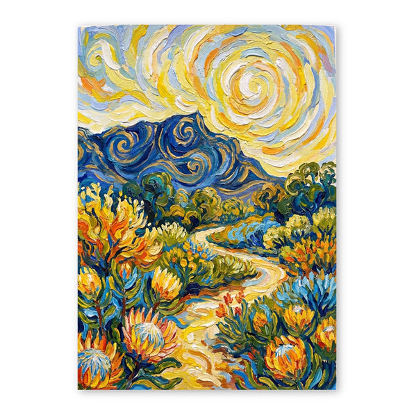 Oil painting of a sunflower field with swirling yellow and blue sky, winding path, and rolling landscape in Van Gogh style