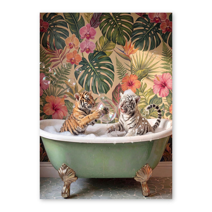 Tiger Cubs Bathing In Botanical Bliss
