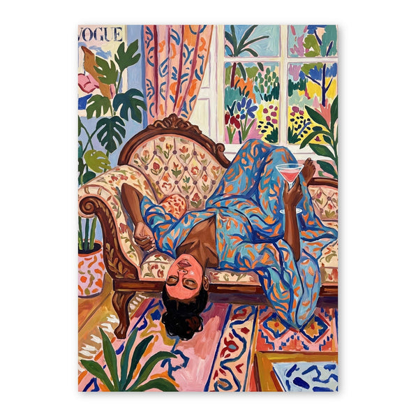 Illustration of a woman lying upside down on an ornate sofa in a colourful interior, surrounded by patterned textiles,