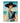 Woman wearing wide-brimmed black hat and pale blue dress holding a black cat, standing on a beach with turquoise ocean