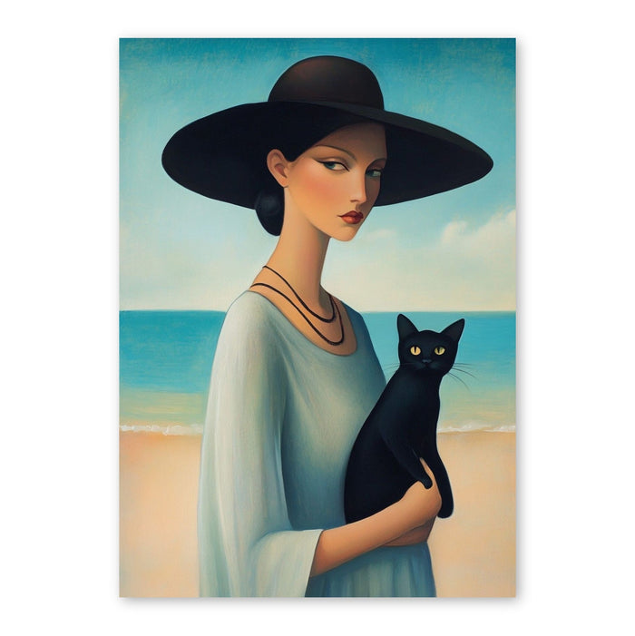 Woman With Black Cat By The Sea